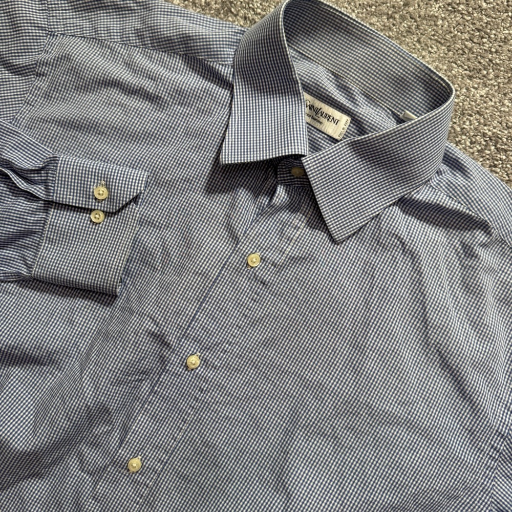 Yves Saint Laurent Shirt Mens 17.5 Blue Gingham Cotton Luxury Designer Italy YSL